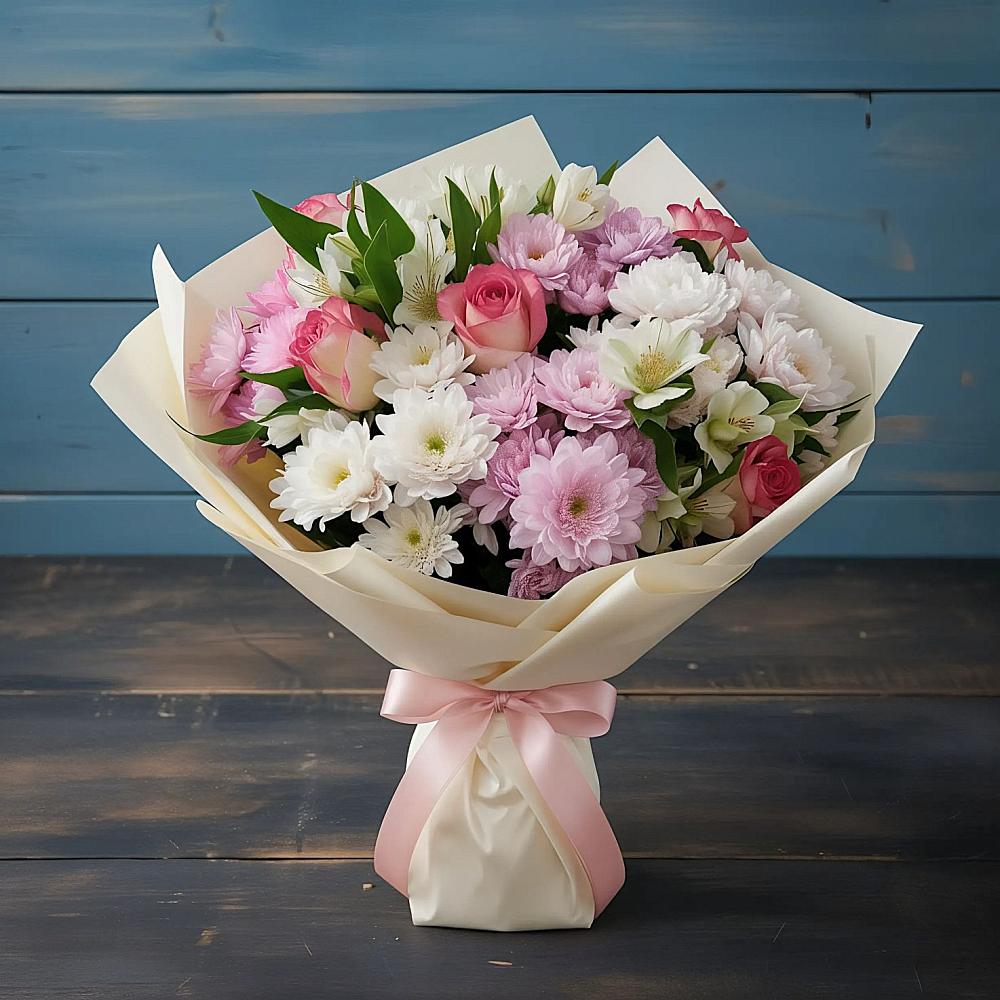 Букет цветов из: Хризантемы, Альстромерии и Розы в Ростовe-на-Донy